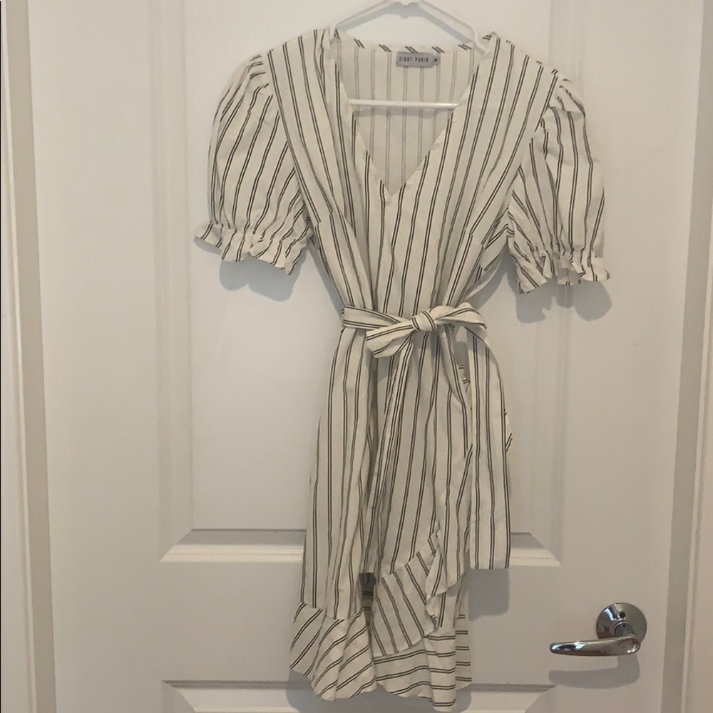 White linen dress with black stripes